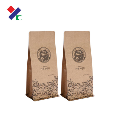 Printed Flat Bottom Kraft Paper Bag 340g Half Gusset Zipper Valve For Coffee Bean
